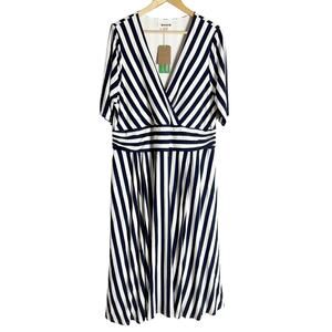 Boden Ponte Panelled French Navy Ivory Striped V-Neck Short Sleeve Tea Dress 20